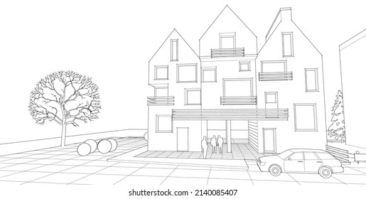 dibujo del proyecto de arquitectura de casa ilustración 3d