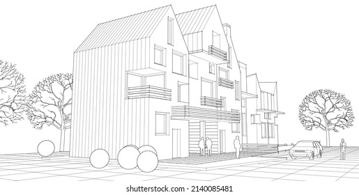 dibujo del proyecto de arquitectura de casa ilustración 3d