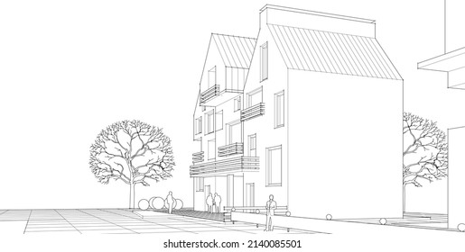 house architectural project sketch 3d illustration