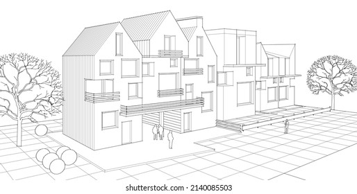 house architectural project sketch 3d illustration