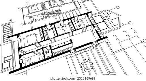 dibujo del proyecto de arquitectura de casa ilustración 3d
