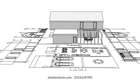 house architectural project sketch 3d illustration