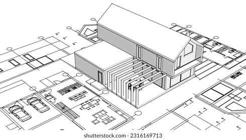 house architectural project sketch 3d illustration
