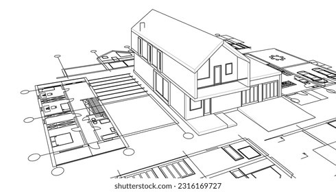 house architectural project sketch 3d illustration