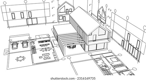 house architectural project sketch 3d illustration