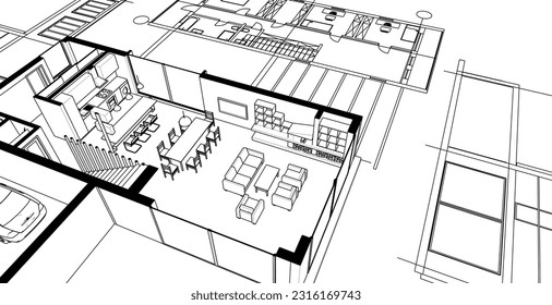 house architectural project sketch 3d illustration