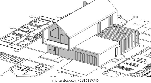 dibujo del proyecto de arquitectura de casa ilustración 3d