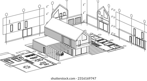 dibujo del proyecto de arquitectura de casa ilustración 3d