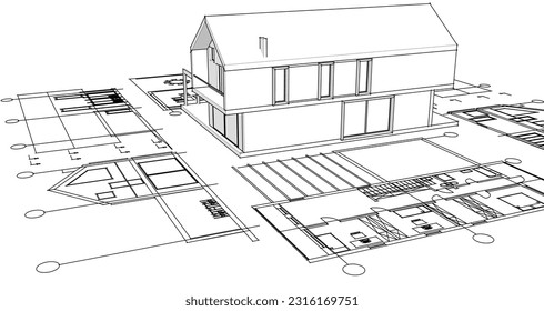 dibujo del proyecto de arquitectura de casa ilustración 3d