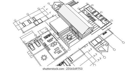 house architectural project sketch 3d illustration