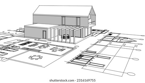 house architectural project sketch 3d illustration