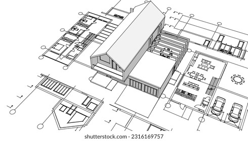 house architectural project sketch 3d illustration