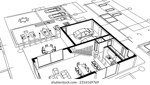 house architectural project sketch 3d illustration