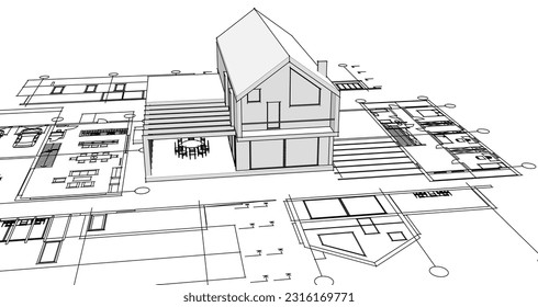 house architectural project sketch 3d illustration