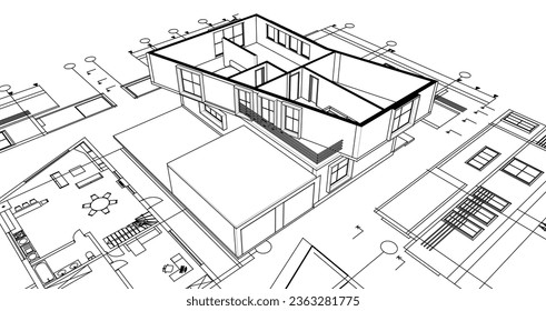  house architectural project sketch 3d illustration