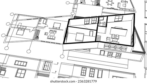 dibujo del proyecto de arquitectura de casa ilustración 3d