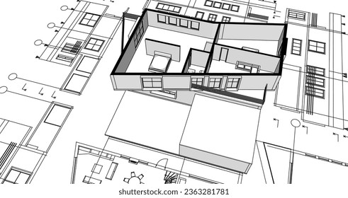  house architectural project sketch 3d illustration