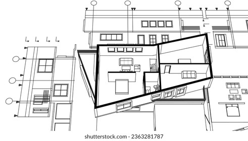  dibujo del proyecto de arquitectura de casa ilustración 3d