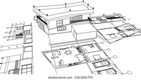  dibujo del proyecto de arquitectura de casa ilustración 3d