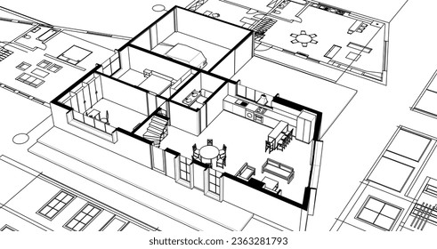  dibujo del proyecto de arquitectura de casa ilustración 3d