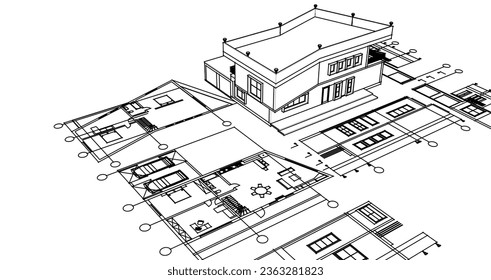 dibujo del proyecto de arquitectura de casa ilustración 3d