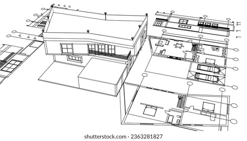  house architectural project sketch 3d illustration