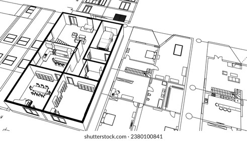 house architectural project sketch 3d illustration	
