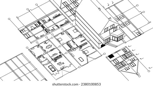 dibujo del proyecto de arquitectura de casa ilustración 3d	
