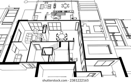 house architectural project sketch 3d illustration