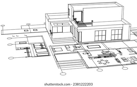 dibujo del proyecto de arquitectura de casa ilustración 3d