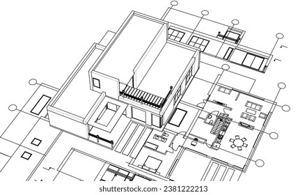 house architectural project sketch 3d illustration