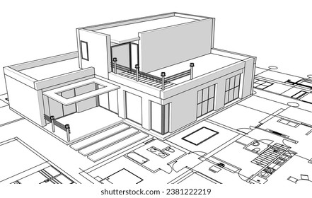 dibujo del proyecto de arquitectura de casa ilustración 3d