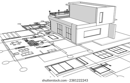 house architectural project sketch 3d illustration