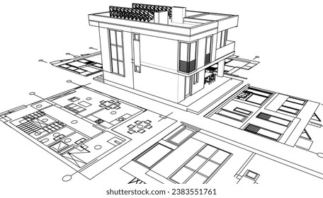 house architectural project sketch 3d illustration	
