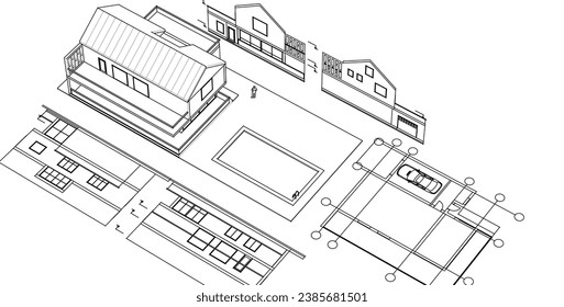 dibujo del proyecto de arquitectura de casa ilustración 3d