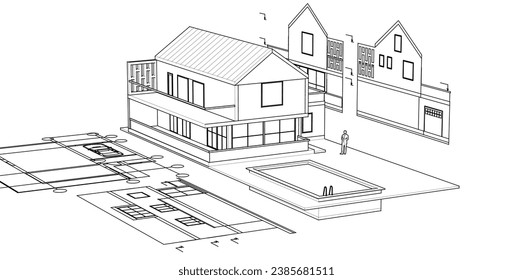 dibujo del proyecto de arquitectura de casa ilustración 3d
