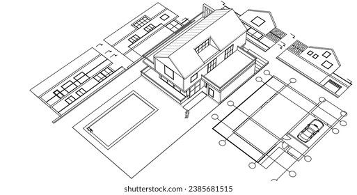 dibujo del proyecto de arquitectura de casa ilustración 3d
