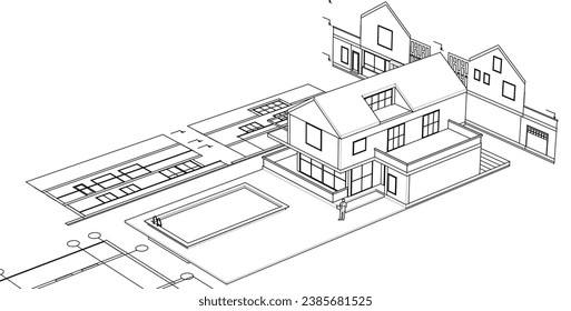 house architectural project sketch 3d illustration
