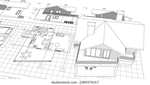 dibujo del proyecto de arquitectura de casa ilustración 3d	
