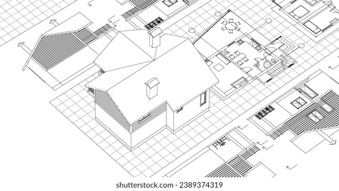 dibujo del proyecto de arquitectura de casa ilustración 3d	
