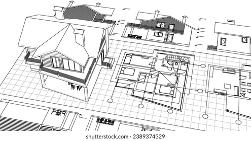 house architectural project sketch 3d illustration	
