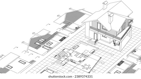 dibujo del proyecto de arquitectura de casa ilustración 3d	
