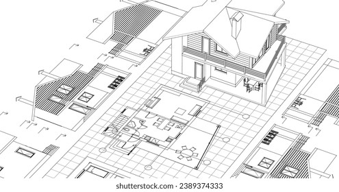 dibujo del proyecto de arquitectura de casa ilustración 3d	
