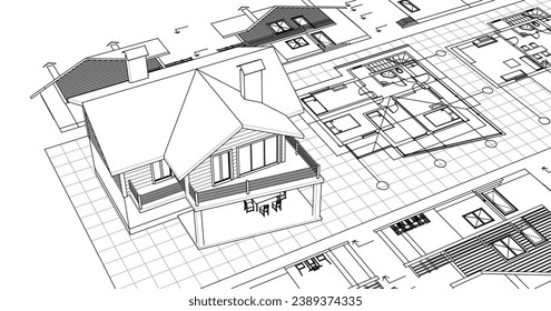 house architectural project sketch 3d illustration	
