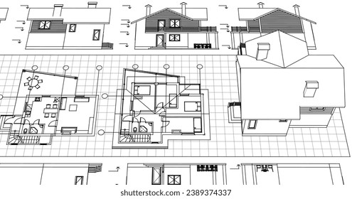 house architectural project sketch 3d illustration	
