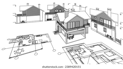  dibujo del proyecto de arquitectura de casa ilustración 3d
