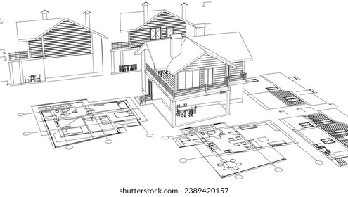  house architectural project sketch 3d illustration