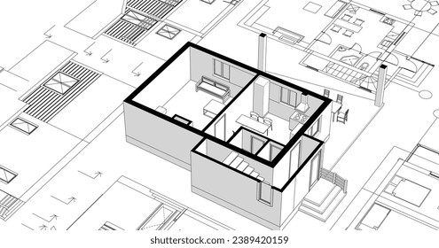  house architectural project sketch 3d illustration