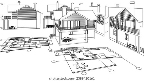  house architectural project sketch 3d illustration