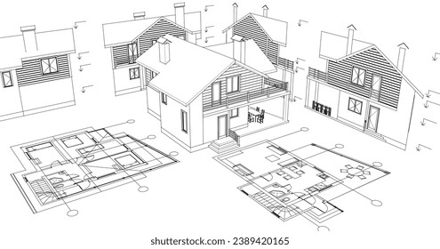  house architectural project sketch 3d illustration